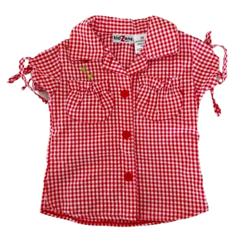 Vintage Kids Zone Red Picnic Checkered Gingham Puff Sleeve Top Shirt Size 18M
